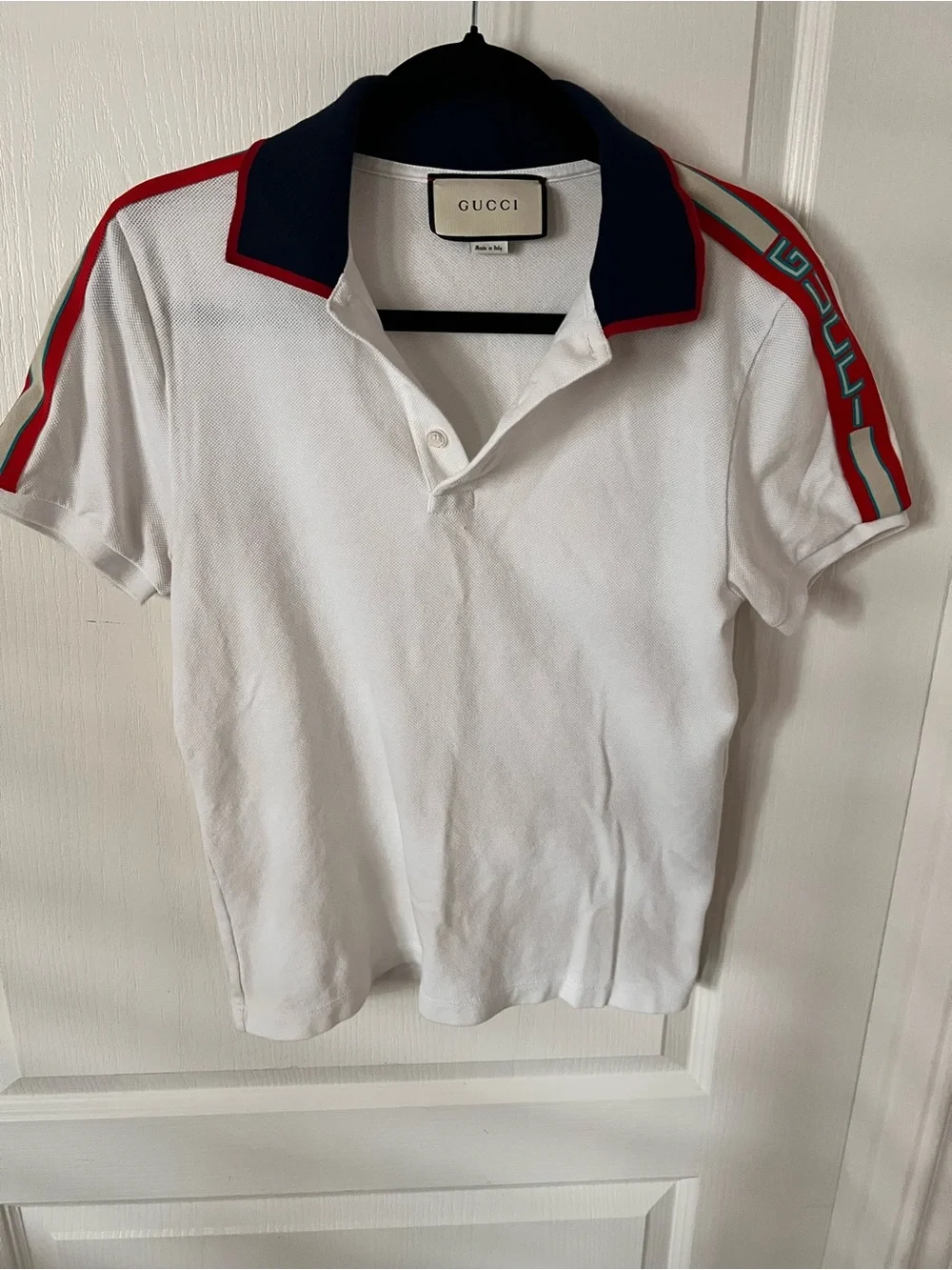 Gucci White Polo with Navy Collar and Red Stripe Accents